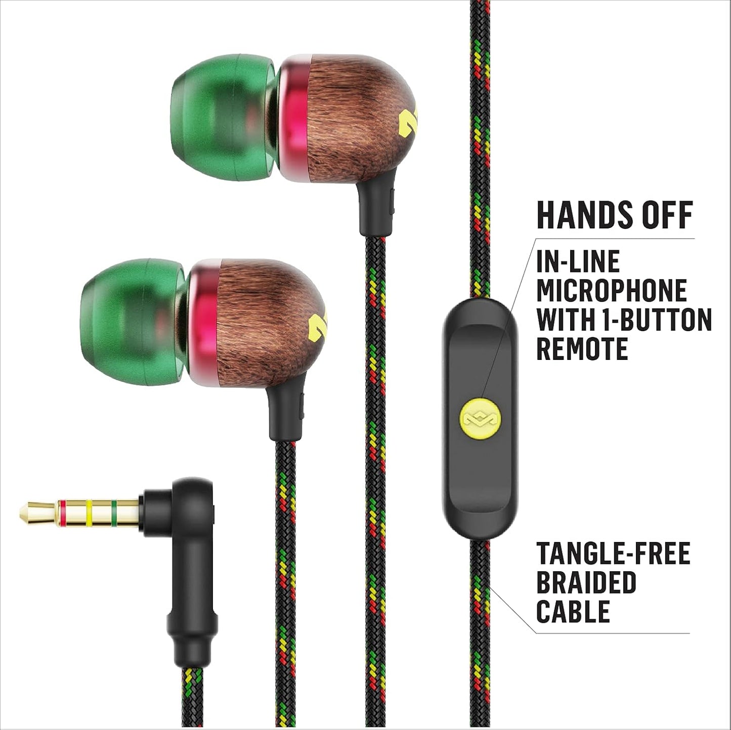 Smile Jamaica AUX Wired Earbuds with Microphone, Noise-Isolating In-Ear Headphones, Tangle-Resistant Cable, 3.5Mm Jack Sustainable (Rasta)